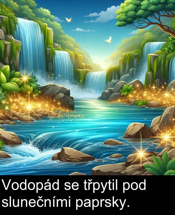 paprsky: Vodopád se třpytil pod slunečními paprsky.