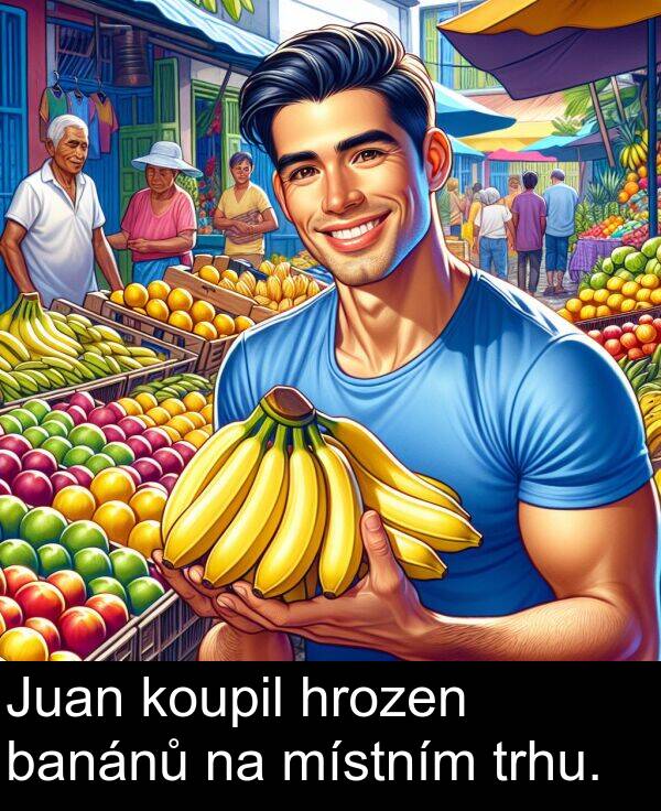banánů: Juan koupil hrozen banánů na místním trhu.