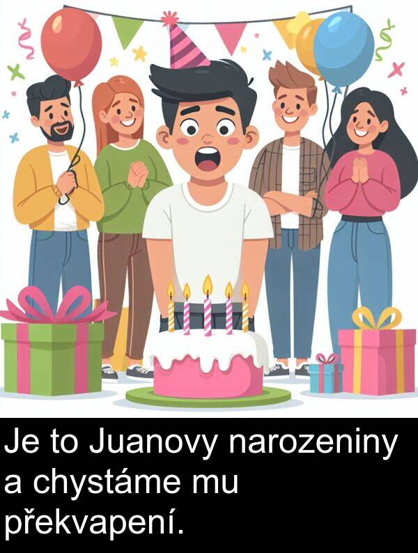 chystáme: Je to Juanovy narozeniny a chystáme mu překvapení.