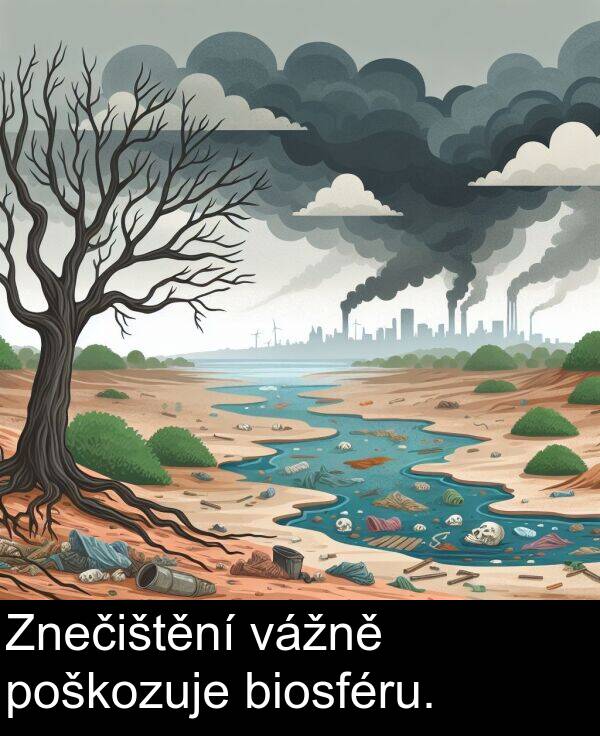 vážně: Znečištění vážně poškozuje biosféru.