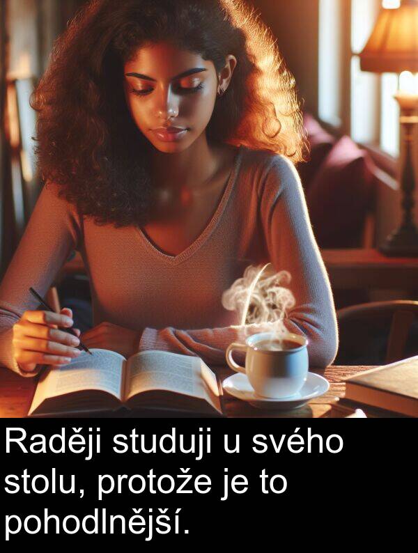 studuji: Raději studuji u svého stolu, protože je to pohodlnější.