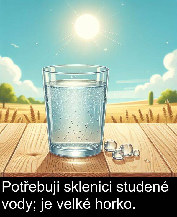 sklenici: Potřebuji sklenici studené vody; je velké horko.