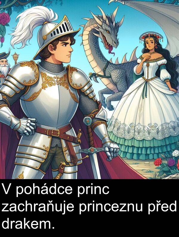drakem: V pohádce princ zachraňuje princeznu před drakem.