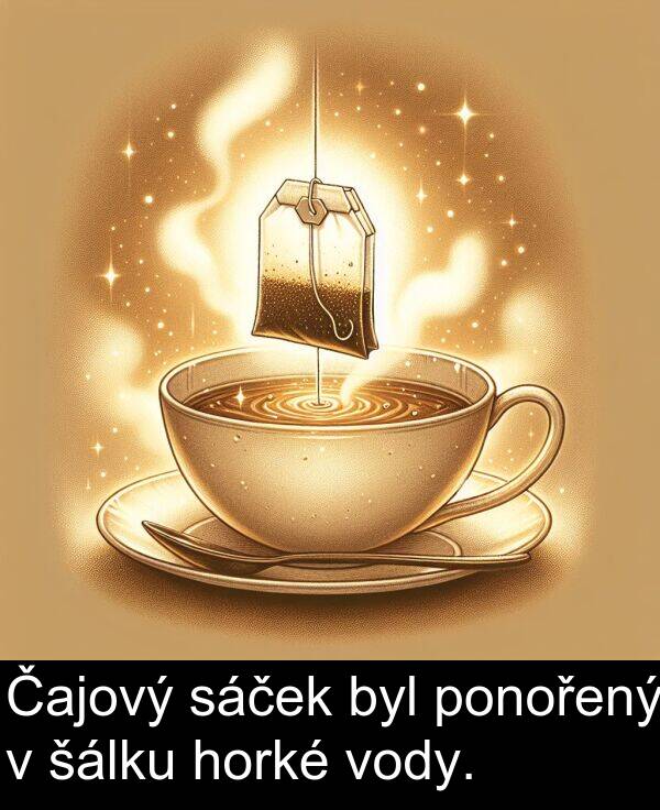 sáček: Čajový sáček byl ponořený v šálku horké vody.