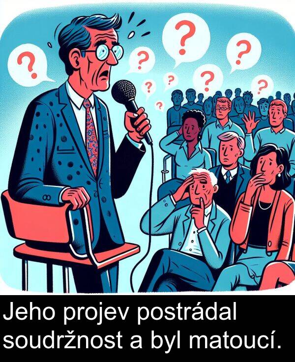 postrádal: Jeho projev postrádal soudržnost a byl matoucí.