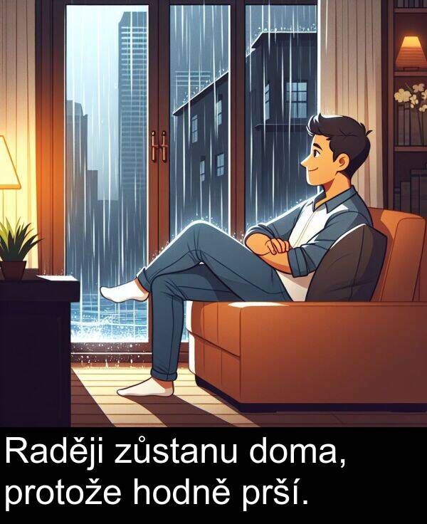 prší: Raději zůstanu doma, protože hodně prší.
