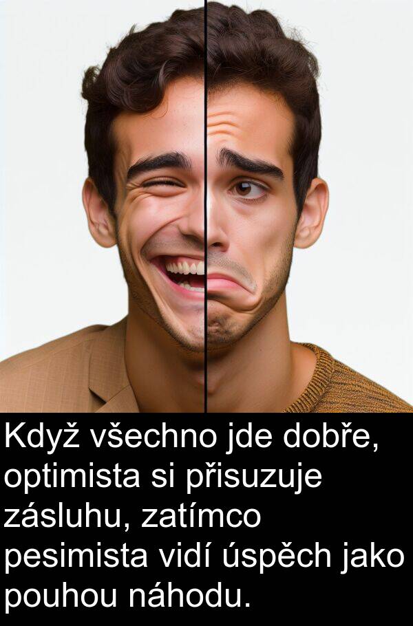náhodu: Když všechno jde dobře, optimista si přisuzuje zásluhu, zatímco pesimista vidí úspěch jako pouhou náhodu.