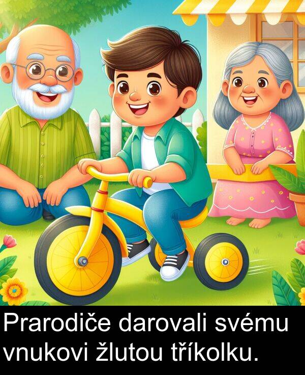 darovali: Prarodiče darovali svému vnukovi žlutou tříkolku.