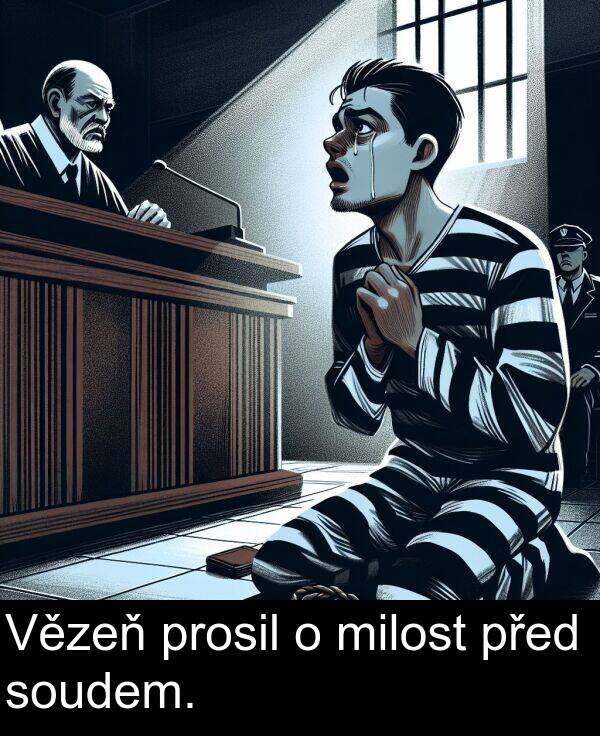 soudem: Vězeň prosil o milost před soudem.