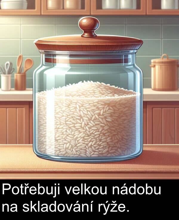 nádobu: Potřebuji velkou nádobu na skladování rýže.