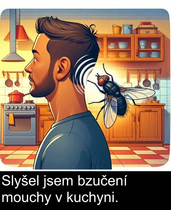 bzučení: Slyšel jsem bzučení mouchy v kuchyni.