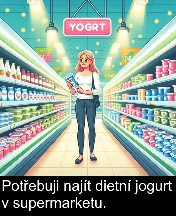 dietní: Potřebuji najít dietní jogurt v supermarketu.