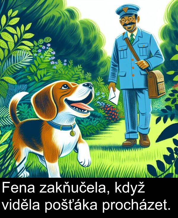 zakňučela: Fena zakňučela, když viděla pošťáka procházet.