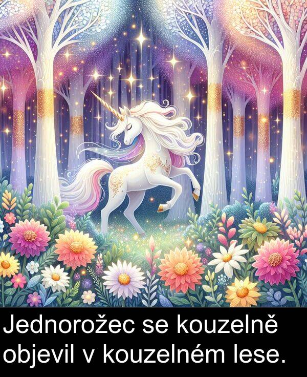 objevil: Jednorožec se kouzelně objevil v kouzelném lese.