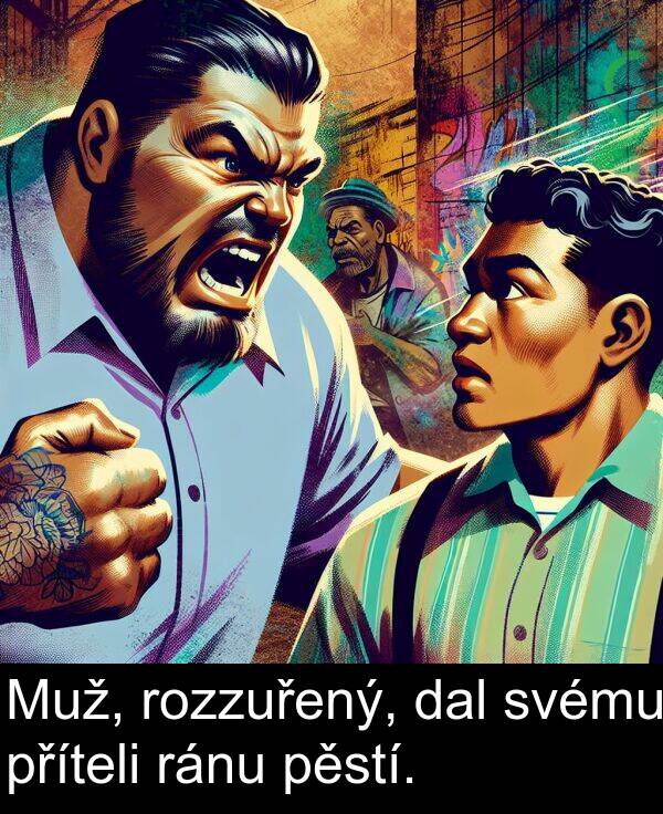 dal: Muž, rozzuřený, dal svému příteli ránu pěstí.