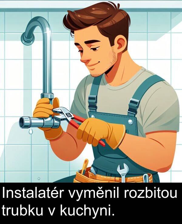 vyměnil: Instalatér vyměnil rozbitou trubku v kuchyni.