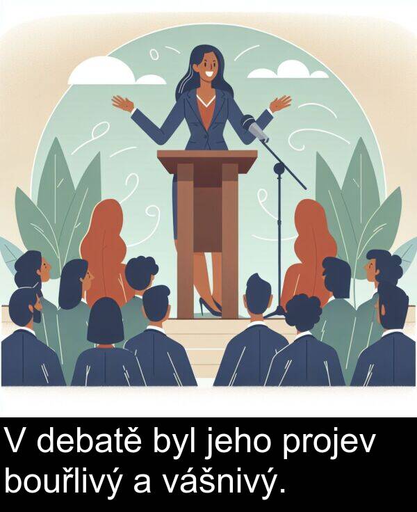 debatě: V debatě byl jeho projev bouřlivý a vášnivý.