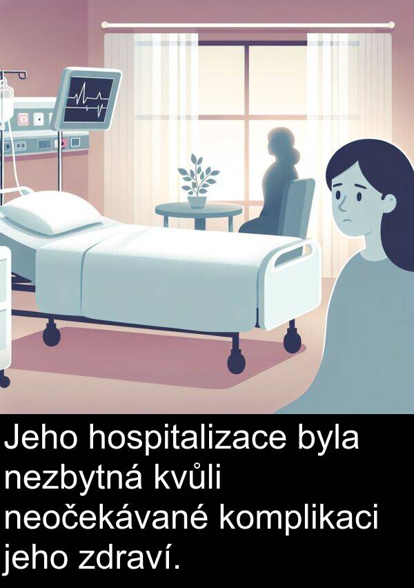 komplikaci: Jeho hospitalizace byla nezbytná kvůli neočekávané komplikaci jeho zdraví.