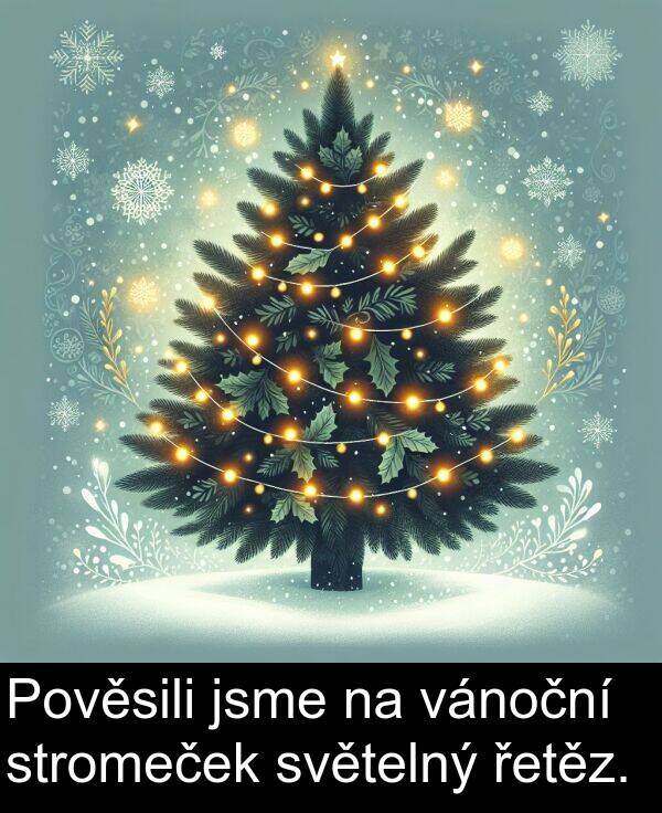 vánoční: Pověsili jsme na vánoční stromeček světelný řetěz.