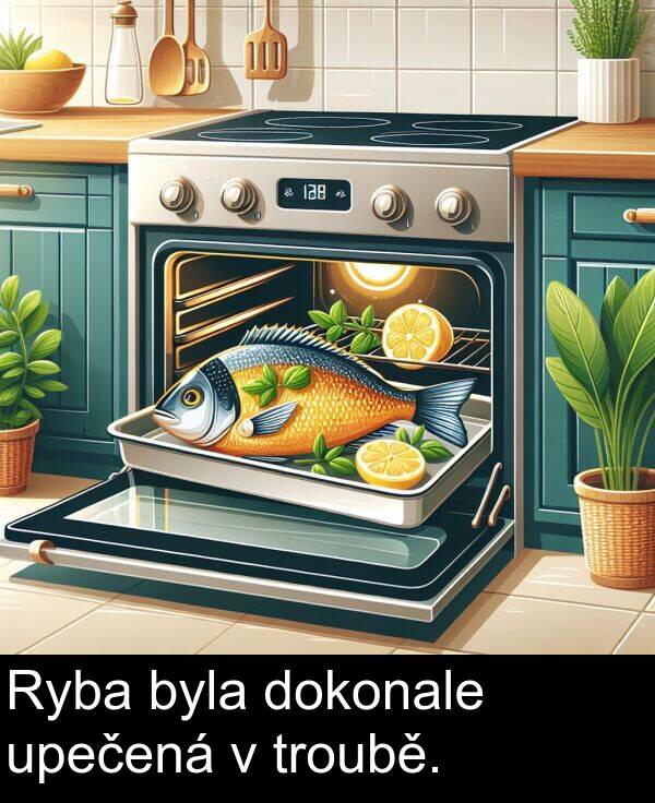 upečená: Ryba byla dokonale upečená v troubě.