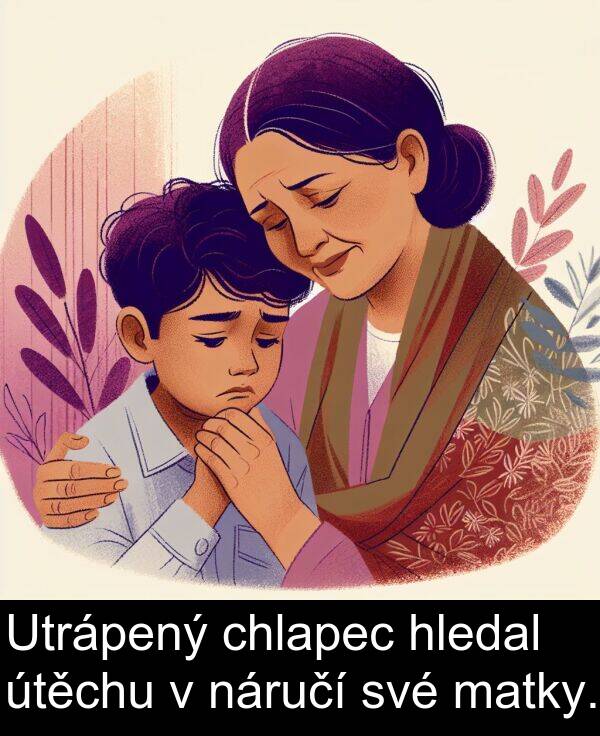 chlapec: Utrápený chlapec hledal útěchu v náručí své matky.