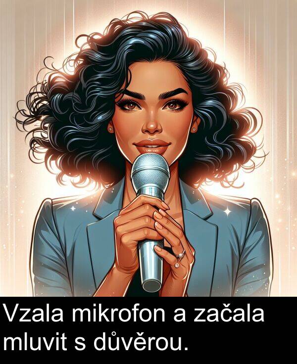 začala: Vzala mikrofon a začala mluvit s důvěrou.