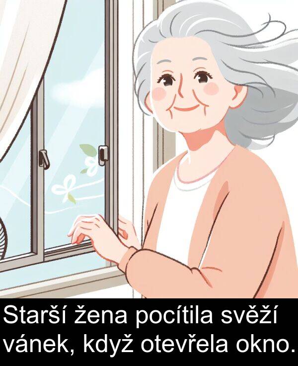vánek: Starší žena pocítila svěží vánek, když otevřela okno.