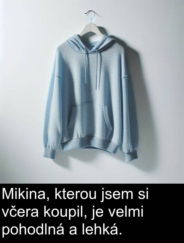 včera: Mikina, kterou jsem si včera koupil, je velmi pohodlná a lehká.
