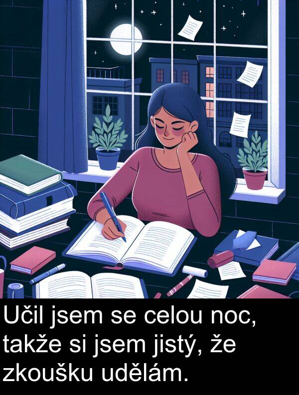 celou: Učil jsem se celou noc, takže si jsem jistý, že zkoušku udělám.