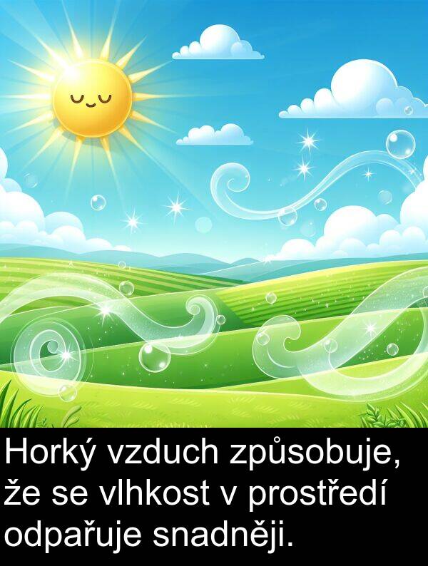 snadněji: Horký vzduch způsobuje, že se vlhkost v prostředí odpařuje snadněji.
