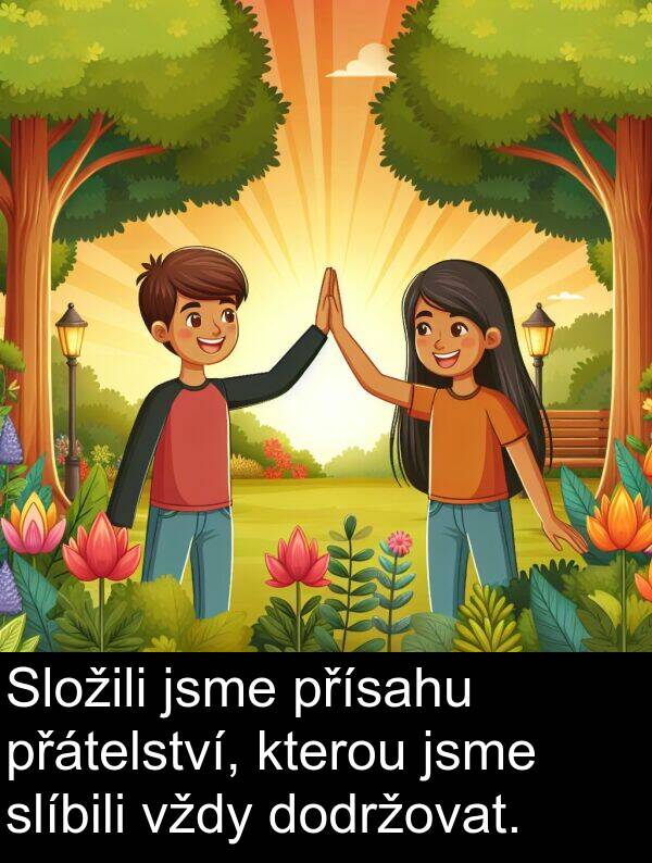 přísahu: Složili jsme přísahu přátelství, kterou jsme slíbili vždy dodržovat.