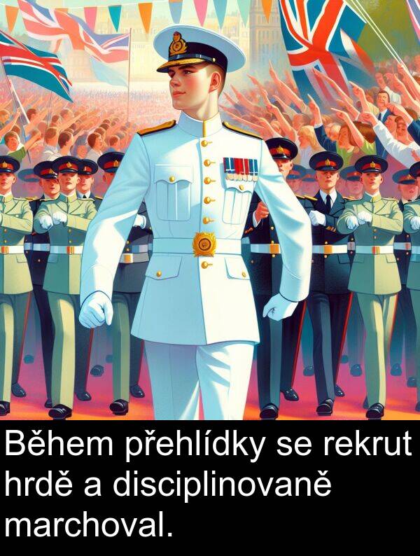 marchoval: Během přehlídky se rekrut hrdě a disciplinovaně marchoval.
