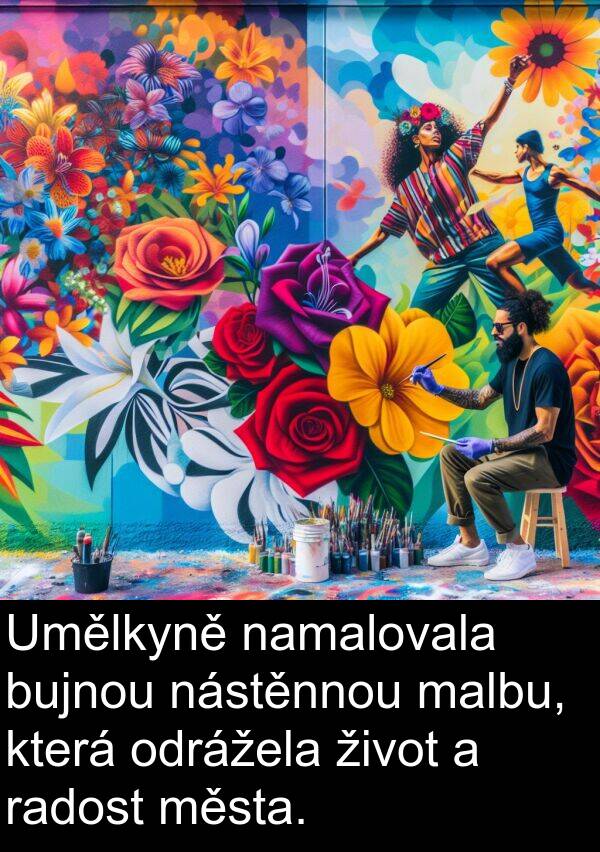 život: Umělkyně namalovala bujnou nástěnnou malbu, která odrážela život a radost města.