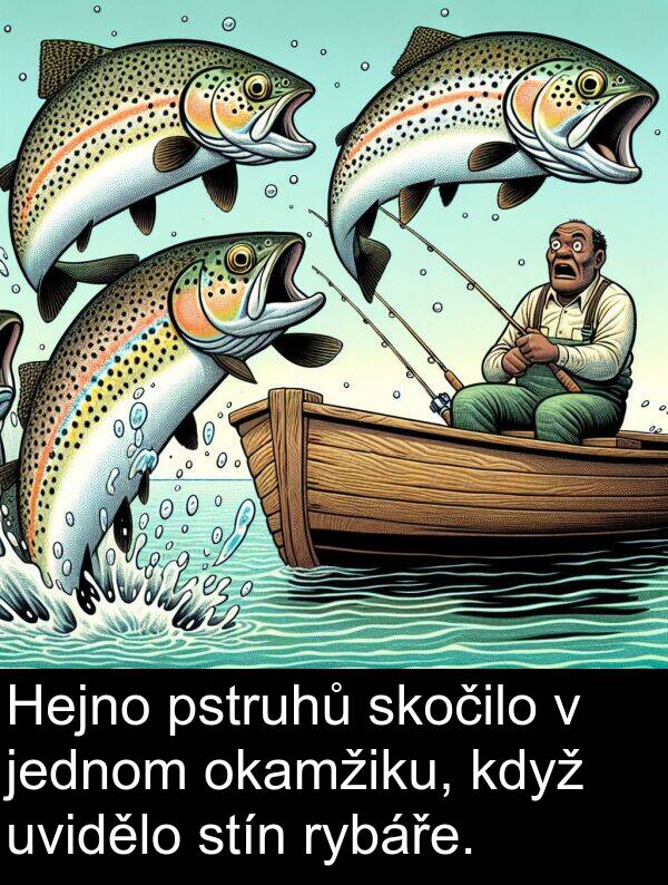 stín: Hejno pstruhů skočilo v jednom okamžiku, když uvidělo stín rybáře.