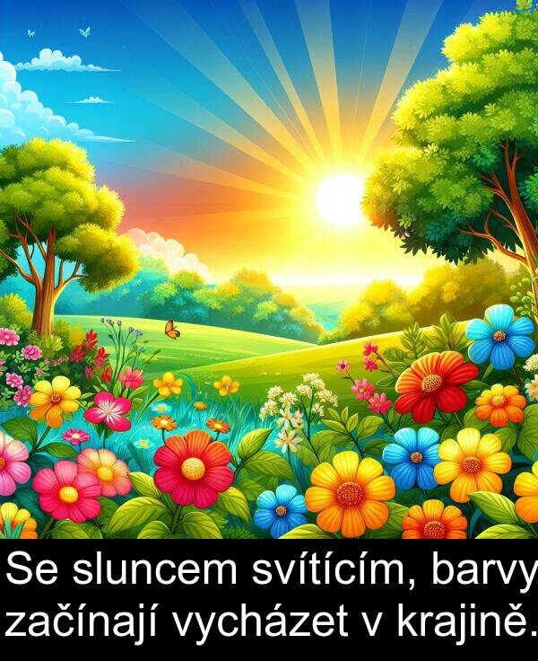 začínají: Se sluncem svítícím, barvy začínají vycházet v krajině.