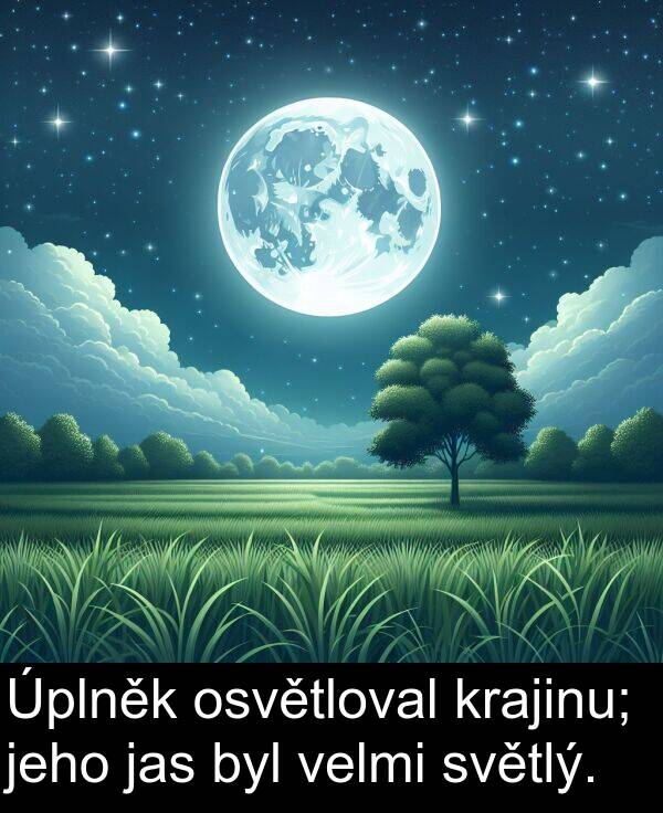 jas: Úplněk osvětloval krajinu; jeho jas byl velmi světlý.