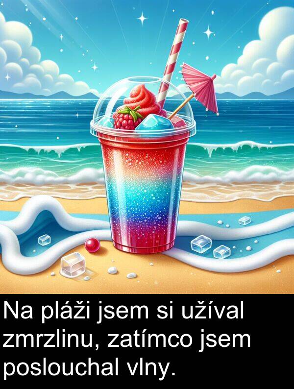 zmrzlinu: Na pláži jsem si užíval zmrzlinu, zatímco jsem poslouchal vlny.