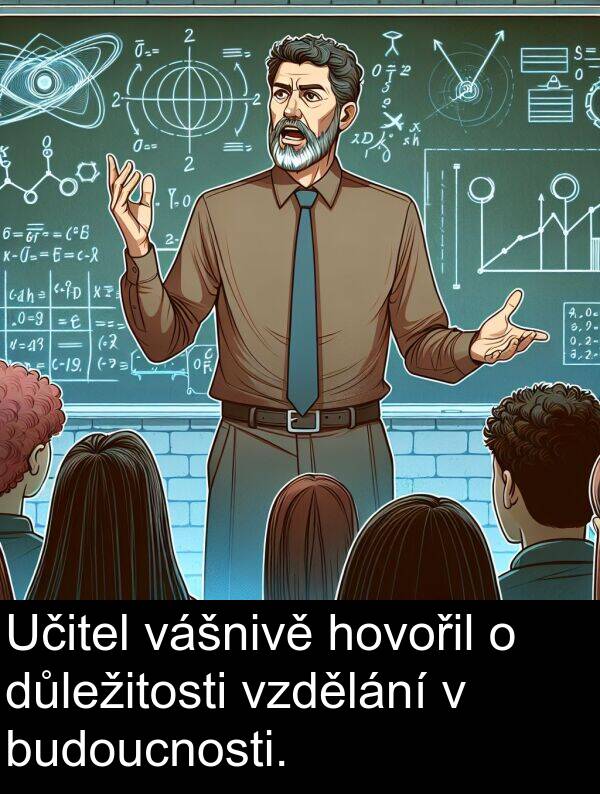 vášnivě: Učitel vášnivě hovořil o důležitosti vzdělání v budoucnosti.