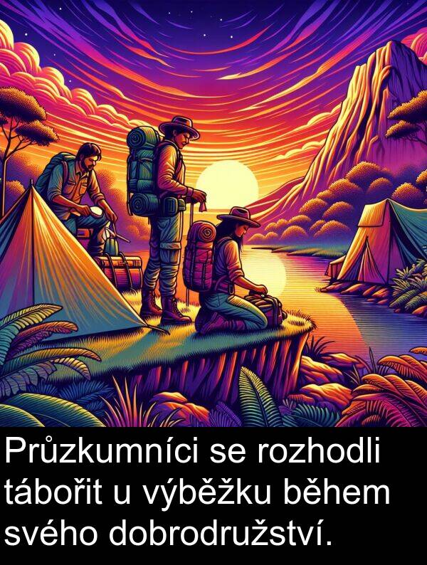 tábořit: Průzkumníci se rozhodli tábořit u výběžku během svého dobrodružství.