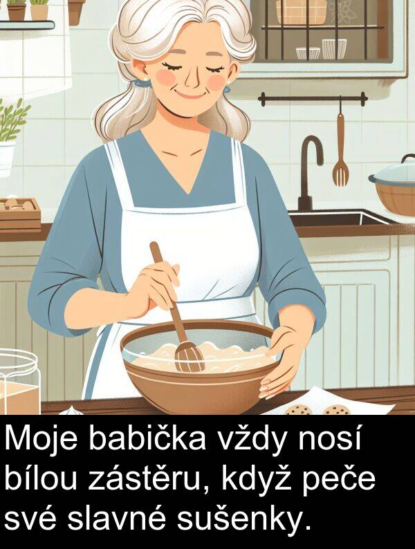 zástěru: Moje babička vždy nosí bílou zástěru, když peče své slavné sušenky.