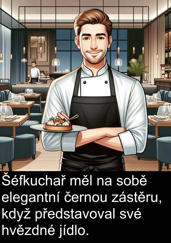 zástěru: Šéfkuchař měl na sobě elegantní černou zástěru, když představoval své hvězdné jídlo.