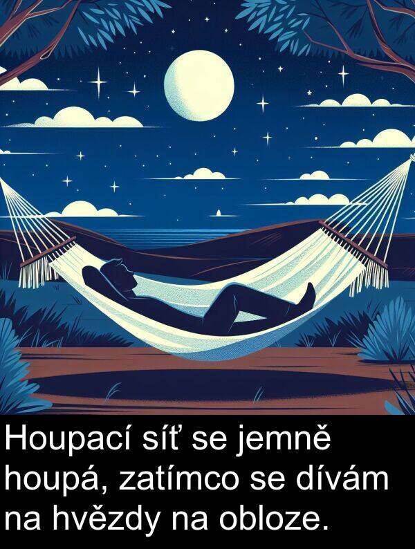 síť: Houpací síť se jemně houpá, zatímco se dívám na hvězdy na obloze.