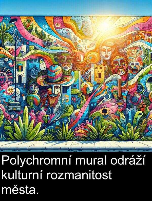 odráží: Polychromní mural odráží kulturní rozmanitost města.