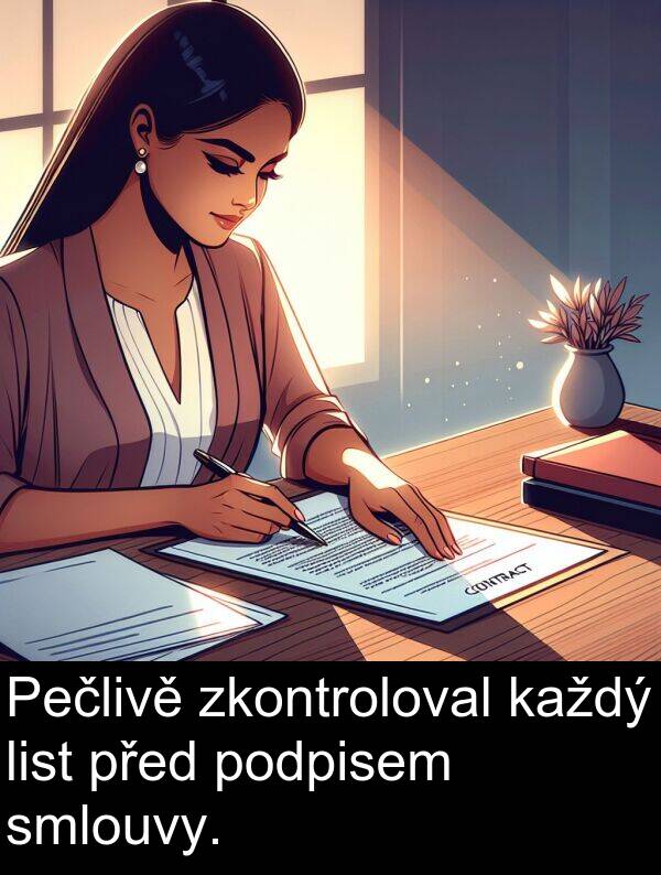 podpisem: Pečlivě zkontroloval každý list před podpisem smlouvy.