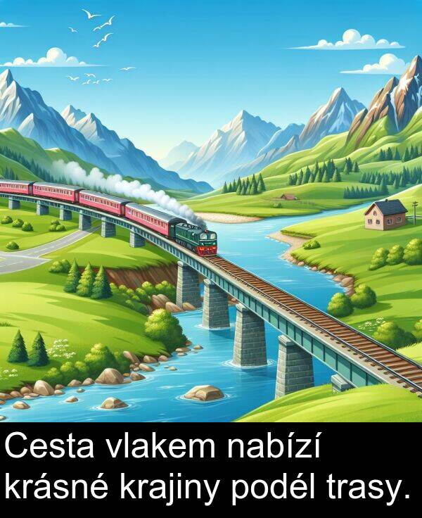 nabízí: Cesta vlakem nabízí krásné krajiny podél trasy.