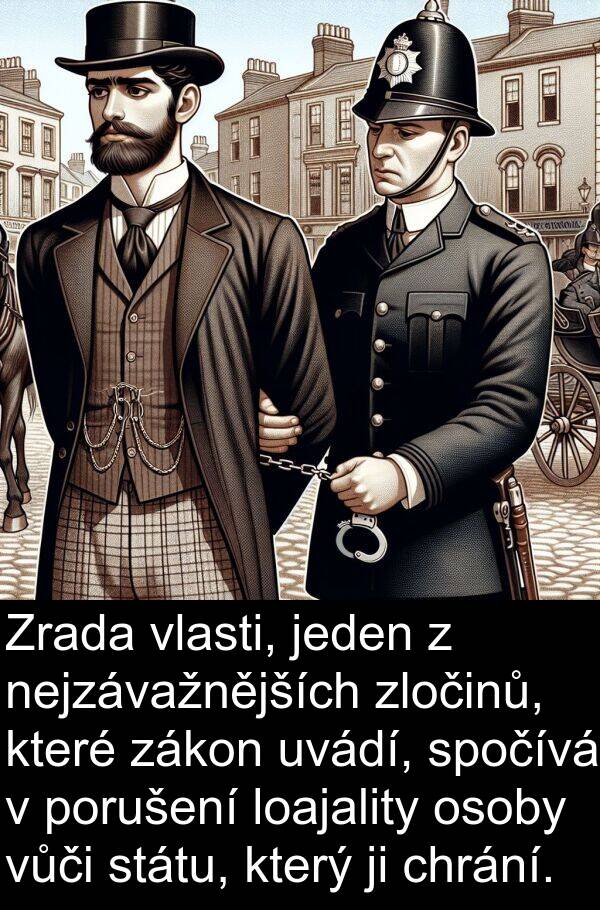 chrání: Zrada vlasti, jeden z nejzávažnějších zločinů, které zákon uvádí, spočívá v porušení loajality osoby vůči státu, který ji chrání.