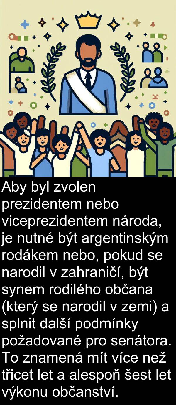 další: Aby byl zvolen prezidentem nebo viceprezidentem národa, je nutné být argentinským rodákem nebo, pokud se narodil v zahraničí, být synem rodilého občana (který se narodil v zemi) a splnit další podmínky požadované pro senátora. To znamená mít více než třicet let a alespoň šest let výkonu občanství.
