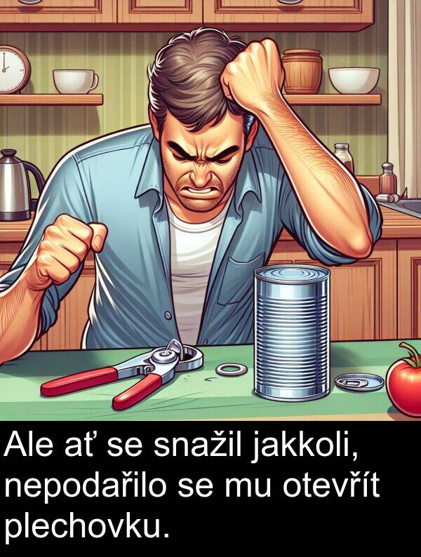 plechovku: Ale ať se snažil jakkoli, nepodařilo se mu otevřít plechovku.