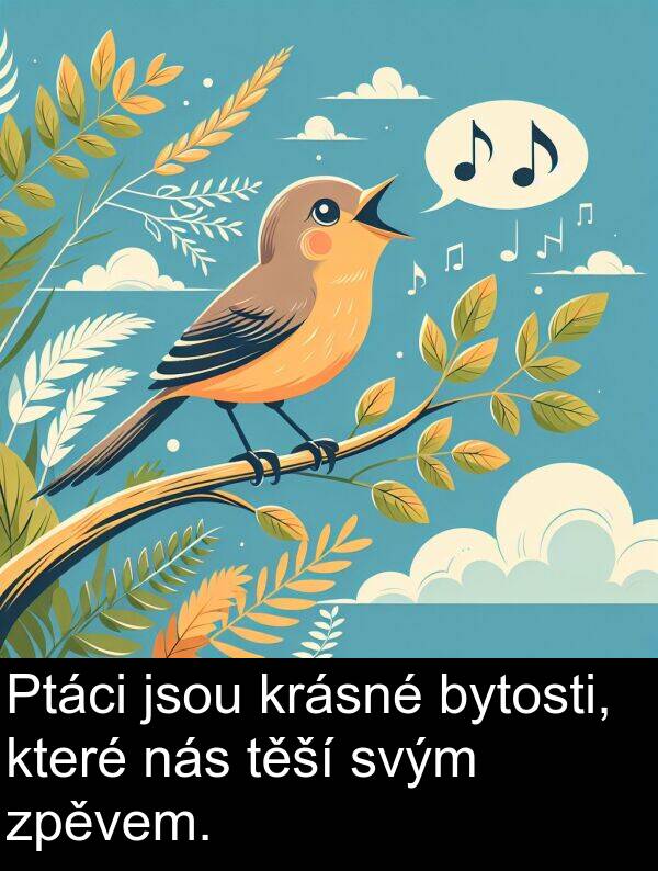 svým: Ptáci jsou krásné bytosti, které nás těší svým zpěvem.