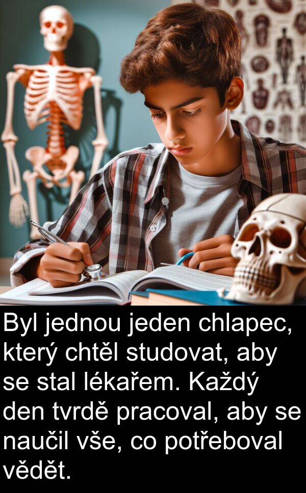 chlapec: Byl jednou jeden chlapec, který chtěl studovat, aby se stal lékařem. Každý den tvrdě pracoval, aby se naučil vše, co potřeboval vědět.